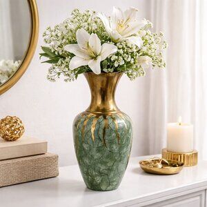 Vintage Green & Gold Brass Vase With Crackled Design 12" Tall Unique Decorative